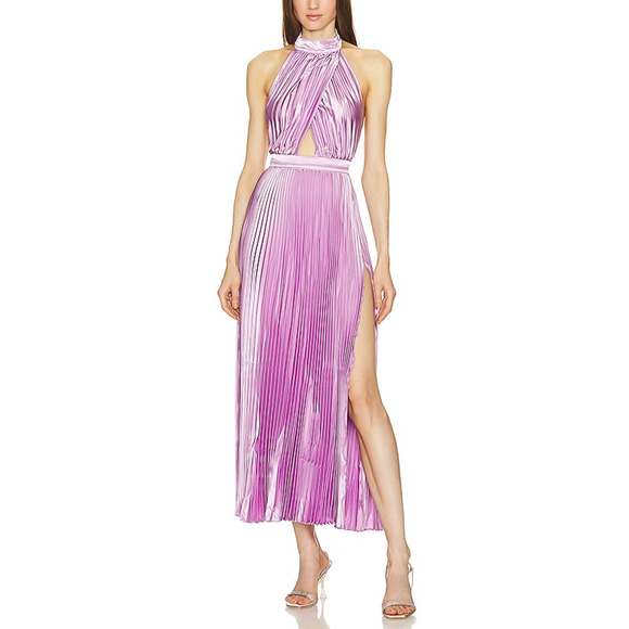 L'Idee 'Renaissance' Purple Plisse Halterneck Split Gown Size 6 - Picture 1 of 5